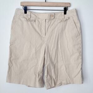 Talbots Seersucker Shorts Womens 14 Tan Stripe High Rise Pockets Stretch Bermuda